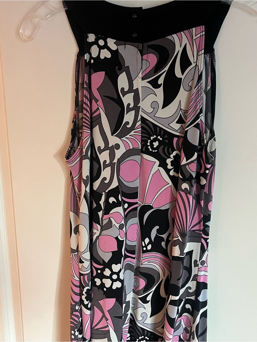 Sleeveless Pink & Black Midi Dress with Abstract Floral Print